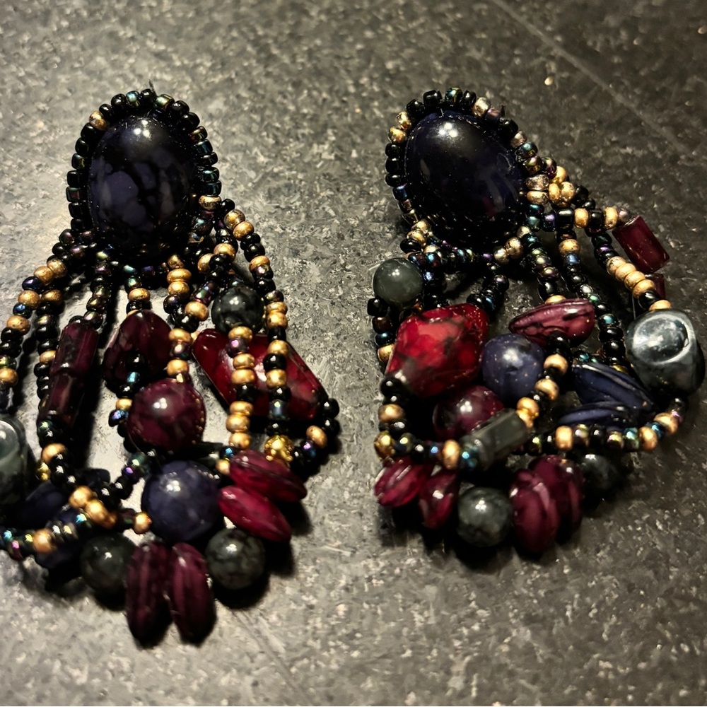 Beaded Drop Earrings in Black, Burgundy, Blue & Gold